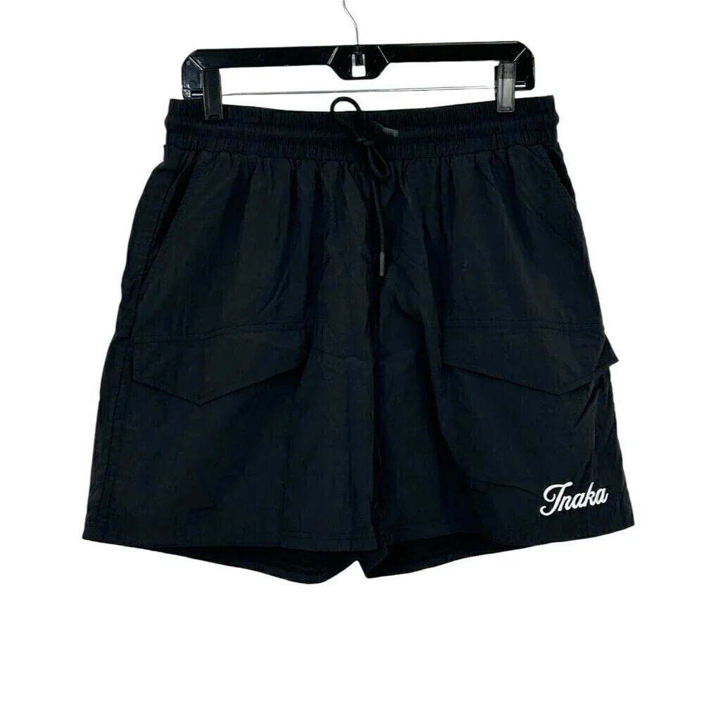 Inaka Power Mens Sz XL Nylon Black Cargo Short 5 Inch Logo Pockets Drawstring U3